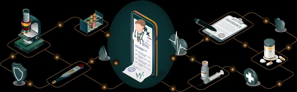 Medical data summarization workflow connecting clinical records, insurance documents, medications, diagnostics, and healthcare information