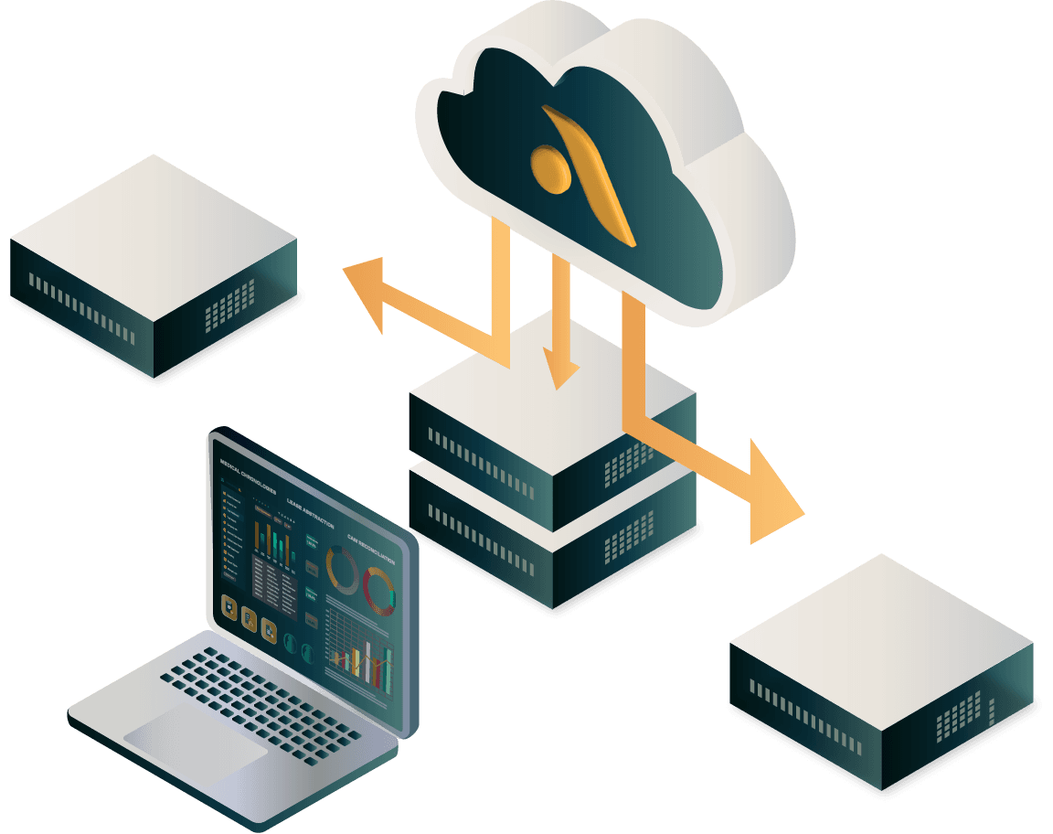 Medical record retrieval workflow with cloud delivery, data storage, and reporting dashboard